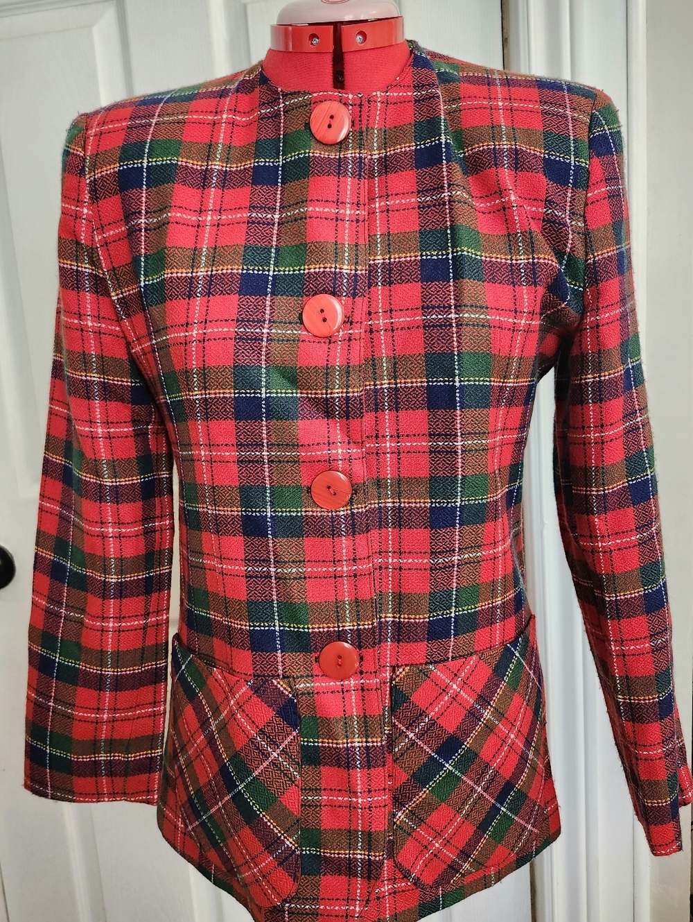 Vintage Women's Red Plaid Button-Front Jacket With Statement Pockets